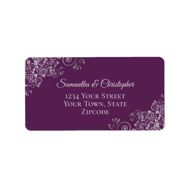 Silver Curls Elegant Plum Purple Wedding Address Label (Front)