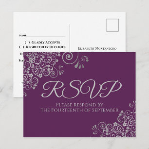 Silver Curls Elegant Plum Purple Wedding RSVP Postcard