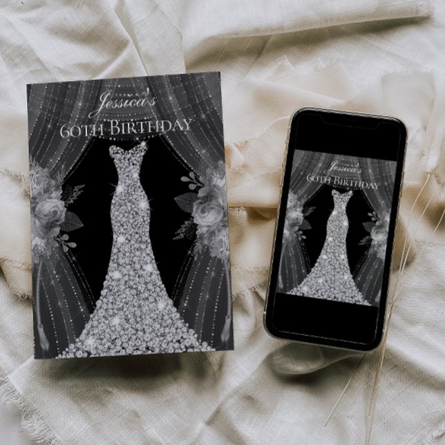 Silver Curtains Dress Womans 60th Birthday Party Invitation (Creator Uploaded)