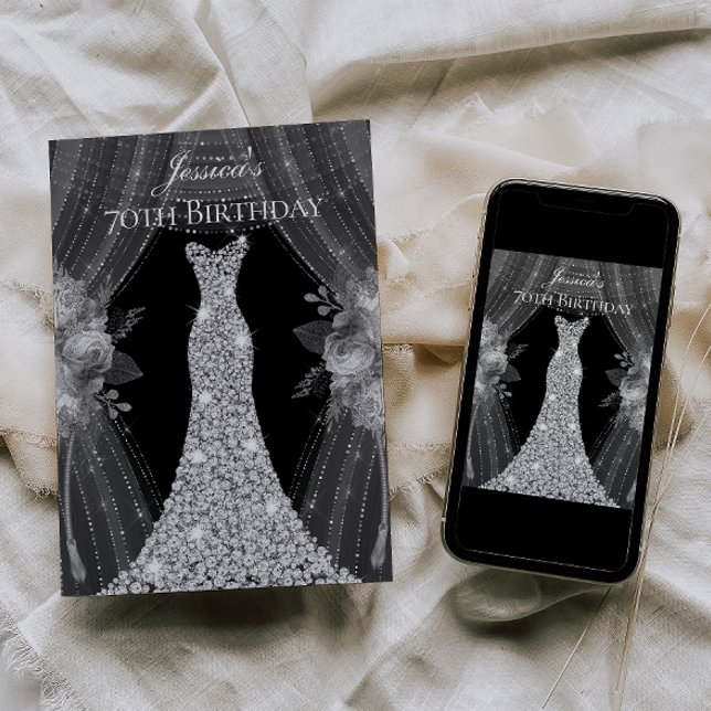 Silver Curtains Dress Womans 70th Birthday Party Invitation (Creator Uploaded)