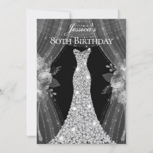 Silver Curtains Dress Womans 80th Birthday Party Invitation