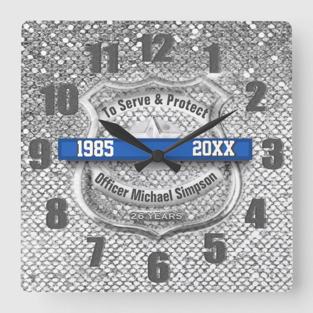 Silver Custom Blue Line Police Officer Retirement Square Wall Clock (Front)