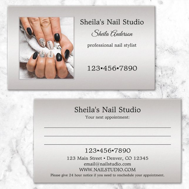 Silver Custom Photo Nail Studio Appointment Business Card (Creator Uploaded)