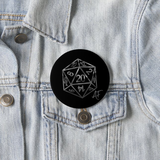 Silver D20 Crit AF | PNP Tabletop Role Player Dice 7.5 Cm Round Badge (In Situ)