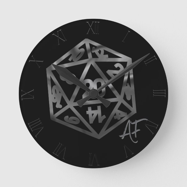 Silver D20 Crit AF | PNP Tabletop Role Player Dice Round Clock (Front)
