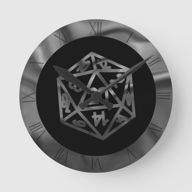 Silver D20 Crit | PNP Tabletop Role Player Dice Round Clock (Front)