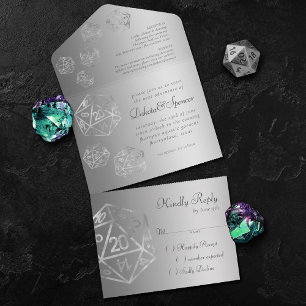 Silver D20   Sophisticated RPG Dice Wedding All In One Invitation