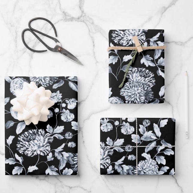 Silver Dahlias Floral Vine Choose Background Colou Wrapping Paper Sheet (Front)