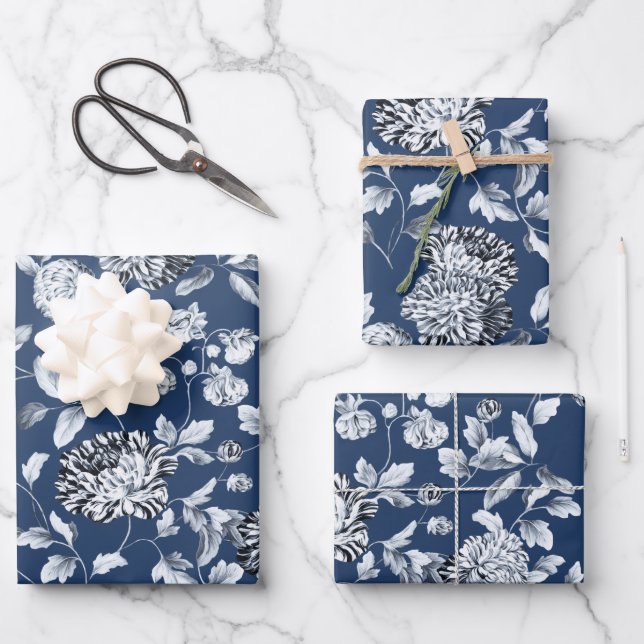 Silver Dahlias Floral Vine On Navy Blue Wrapping Paper Sheet (Front)