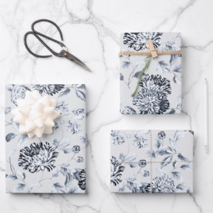 Silver Dahlias Floral Vine On Pearl Grey Wrapping Paper Sheet