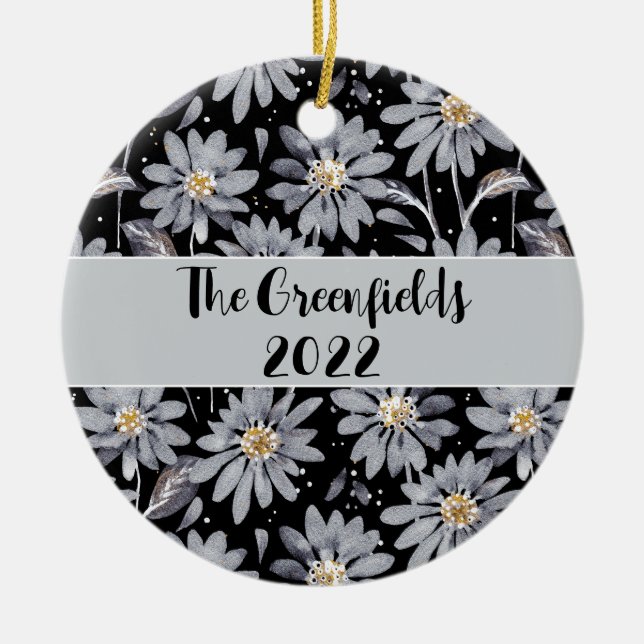 Silver Daisies on Black Custom Holiday   Ceramic Tree Decoration (Front)