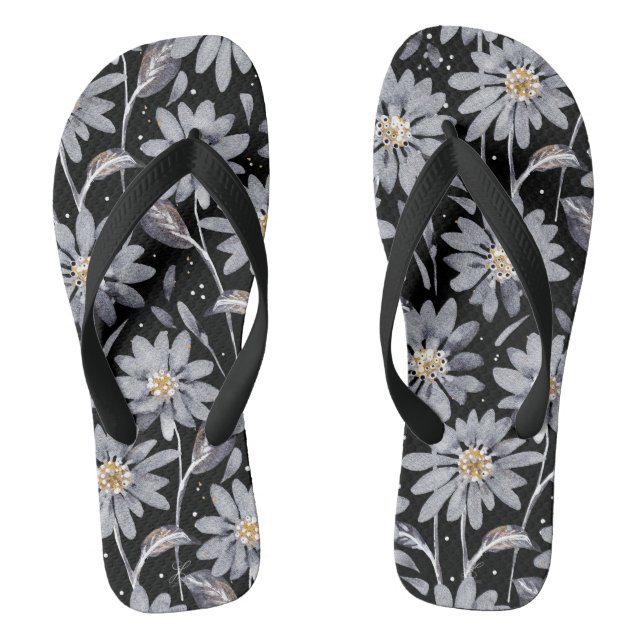 Silver Daisies on Black Floral Flip Flops (Footbed)