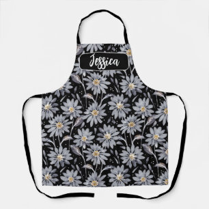 Silver Daisies on Black Personalized  Apron