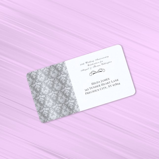 Silver Damask 25th Wedding Anniversary Label (Silver Damask 25th Wedding Anniversary Return Address Label)
