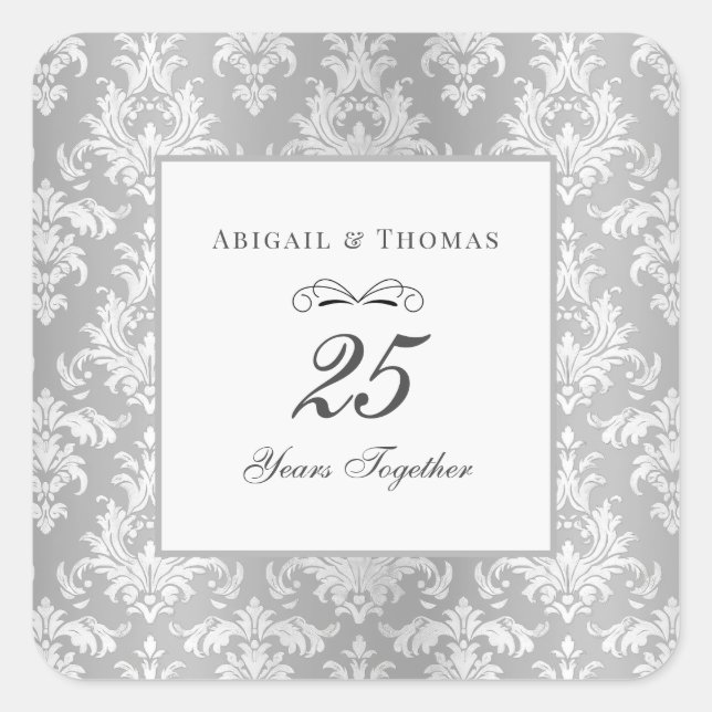 Silver Damask 25th Wedding Anniversary Square Sticker (Front)