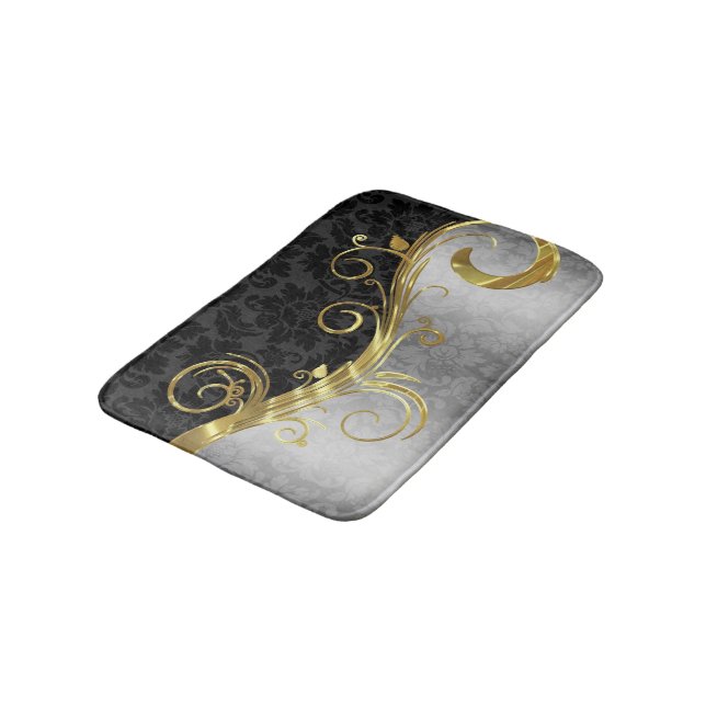 Silver Damask And Black Damask Bath Mat (Angled)