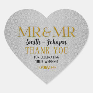 Silver Damask and Gold Mr & Mr Gay Wedding Heart Sticker