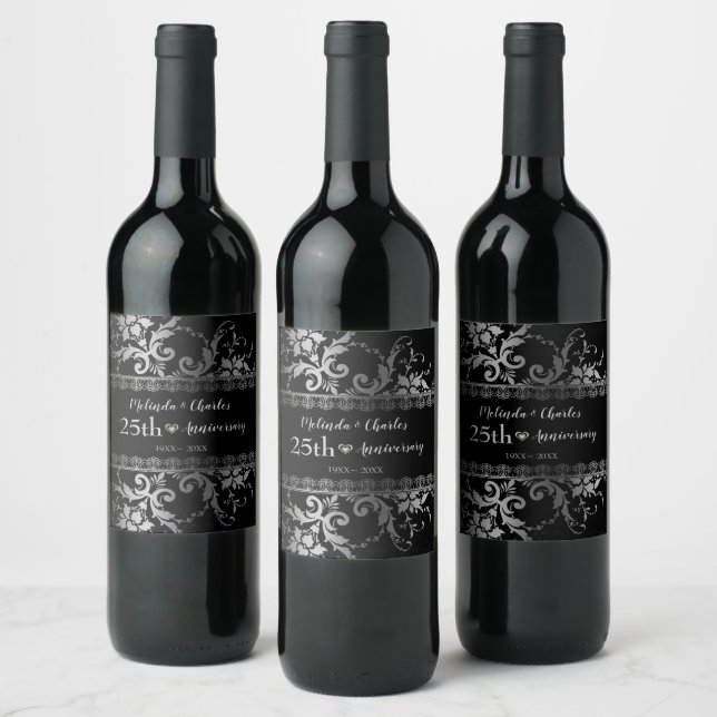 Silver Damask And Lace Wine Label (Bottles)