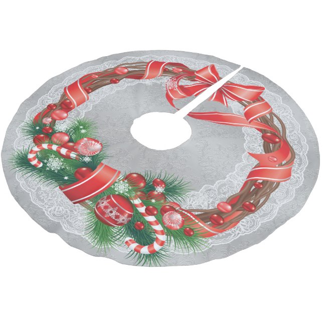 Silver Damask and Lace with Christmas Wreath Brushed Polyester Tree Skirt (Angled)