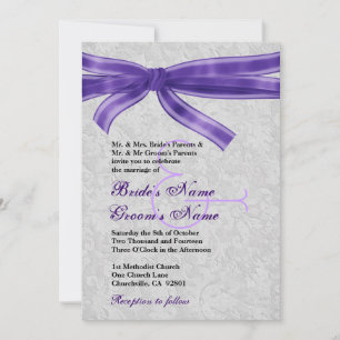 Silver Damask and Purple Bow Wedding Invitation