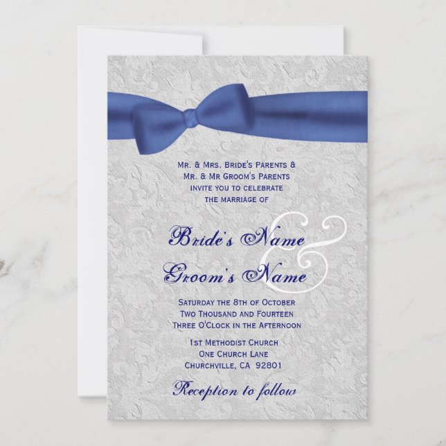 Silver Damask and Royal Blue Bow Wedding Invitation (Front)