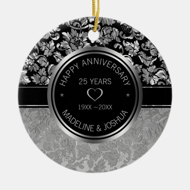 Silver Damask And Silver- Black Hearts Ceramic Orn Tree Decoration (Front)