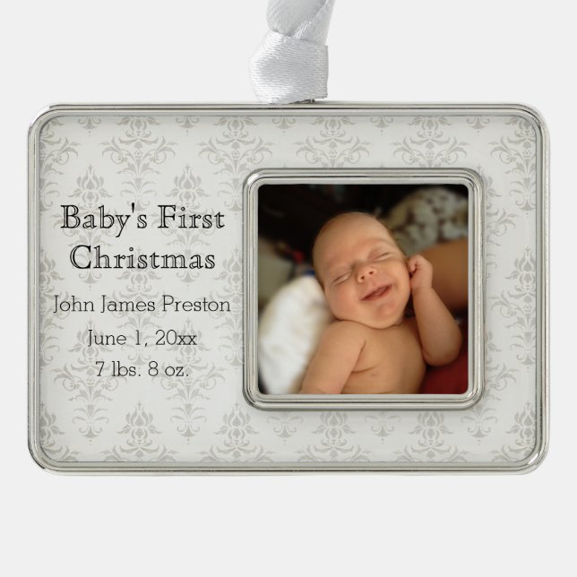 Silver Damask Baby's First Christmas Silver Plated Framed Ornament (Front)
