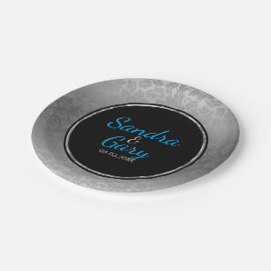 Silver Damask Black Circle With Silver Ring Paper Plate