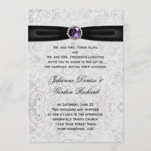 Silver Damask Black Ribbon Purple Jewel Wedding Invitation