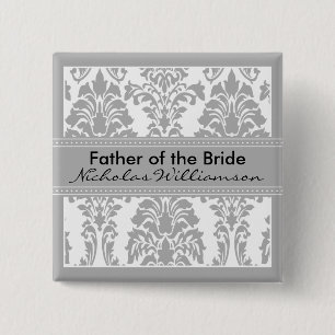 Silver Damask Bridal Party - Father of the Bride 15 Cm Square Badge
