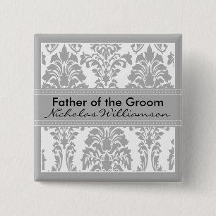 Silver Damask Bridal Party - Father of the Groom 15 Cm Square Badge