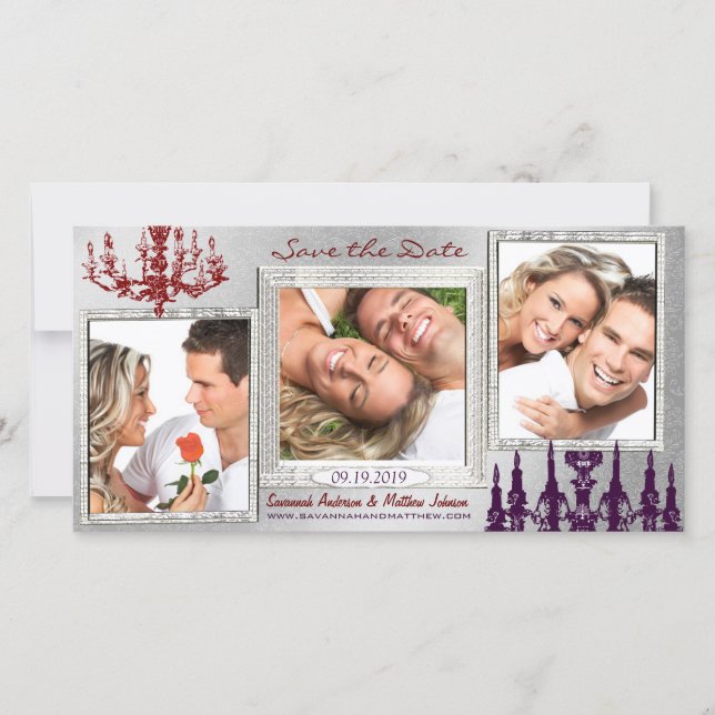 Silver Damask Chandelier Red & Plum Save The Date (Front)