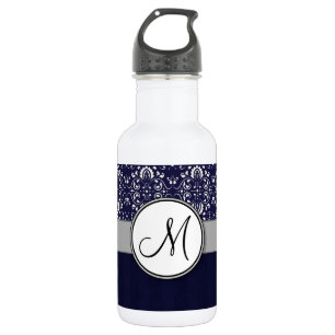 Silver Damask on Blue with Stripes and Monogram 532 Ml Water Bottle