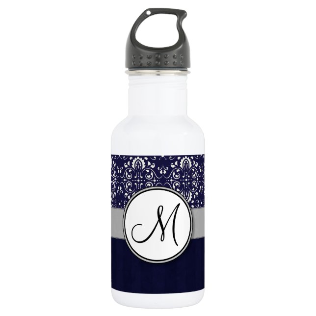 Silver Damask on Blue with Stripes and Monogram 532 Ml Water Bottle (Front)