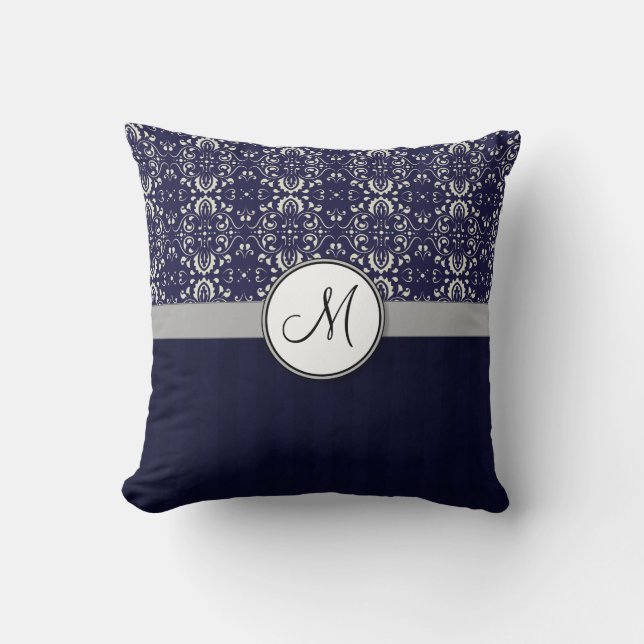 Silver Damask on Blue with Stripes and Monogram Cushion (Front)