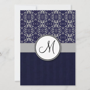 Silver Damask on Blue with Stripes and Monogram Invitation