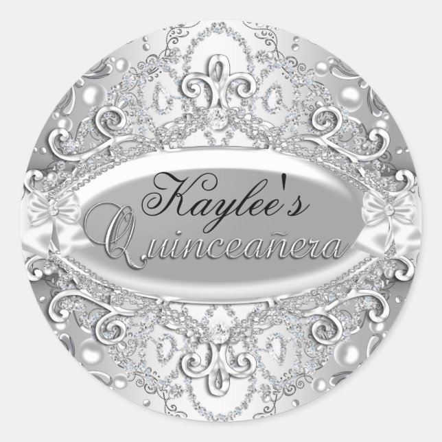 Silver Damask Pearl Quinceanera Sticker (Front)