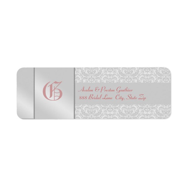 Silver Damask Pink Monogram Wedding Address Label (Front)