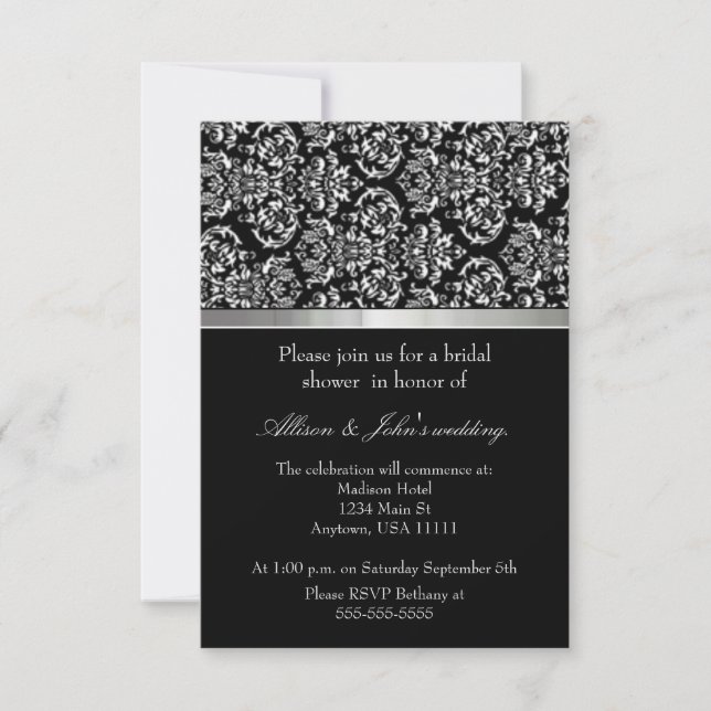 Silver Damask Ribbon Bridal Shower Invitation (Front)