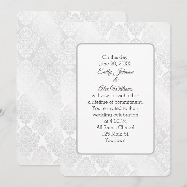 Silver Damask Shimmer Wedding Floral Design Invitation (Front/Back)