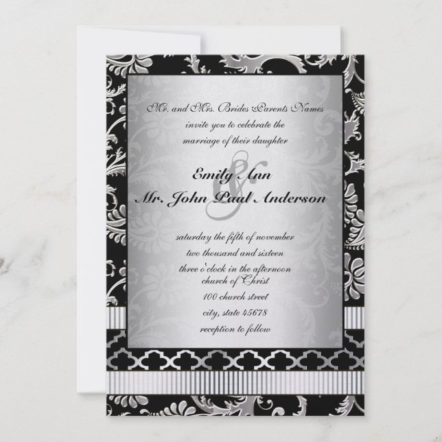 Silver Damask Swirls Wedding Invitation (Front)