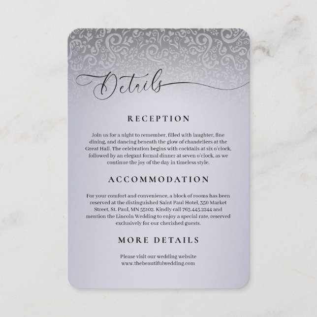 Silver Damask Wedding Reception Details Card (Front)