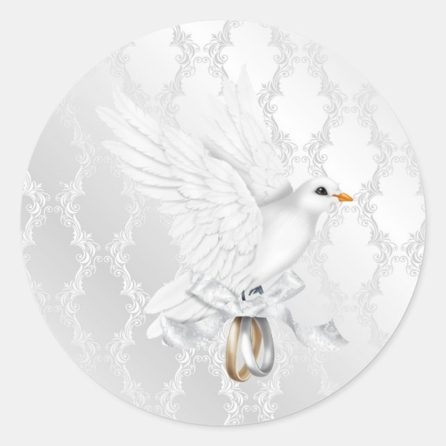 Silver Damask Wedding Sticker with Dove (Front)