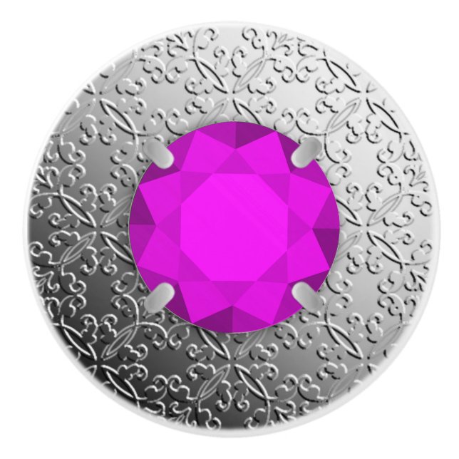 Silver Damask with a faux amethyst gemstone Ceramic Knob (Front)