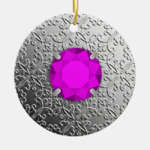 Silver Damask with a faux amethyst gemstone Ceramic Tree Decoration