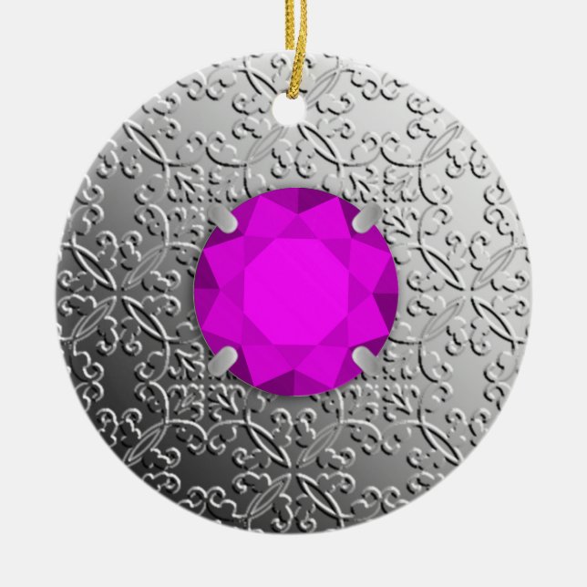 Silver Damask with a faux amethyst gemstone Ceramic Tree Decoration (Front)