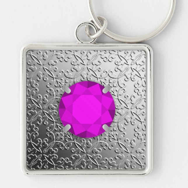 Silver Damask with a faux amethyst gemstone Key Ring (Front)