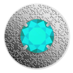 Silver Damask with a faux aquamarine gemstone Ceramic Knob