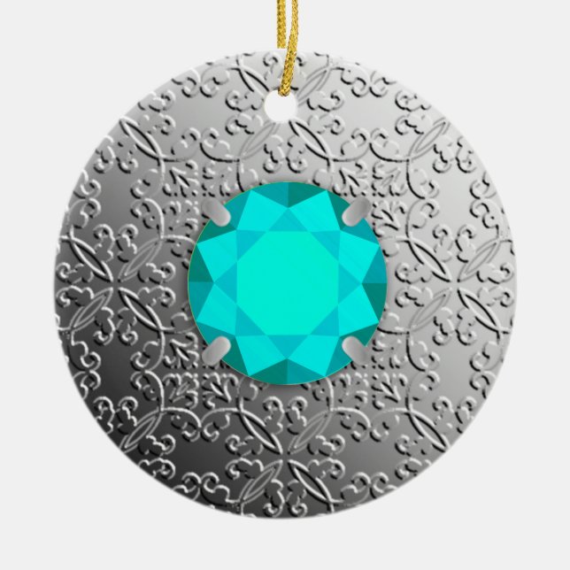 Silver Damask with a faux aquamarine gemstone Ceramic Tree Decoration (Front)