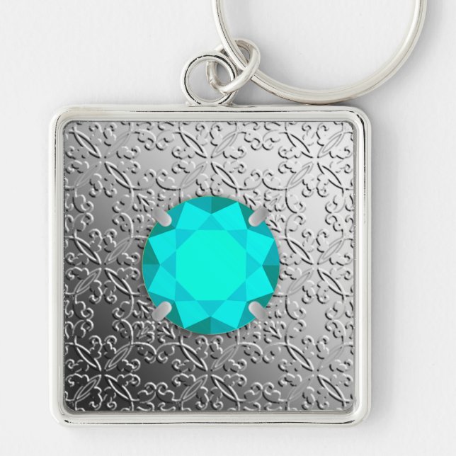 Silver Damask with a faux aquamarine gemstone Key Ring (Front)